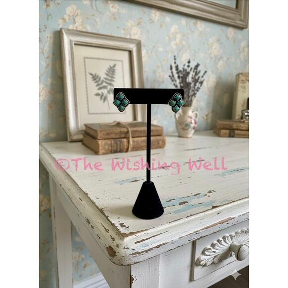 Kingman Turquoise Greenish Blue Cluster Earrings Sterling Silver 925 - Picture 3 of 5